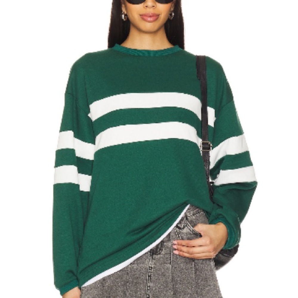 superdown Green Crewneck Sweater with White Stripes